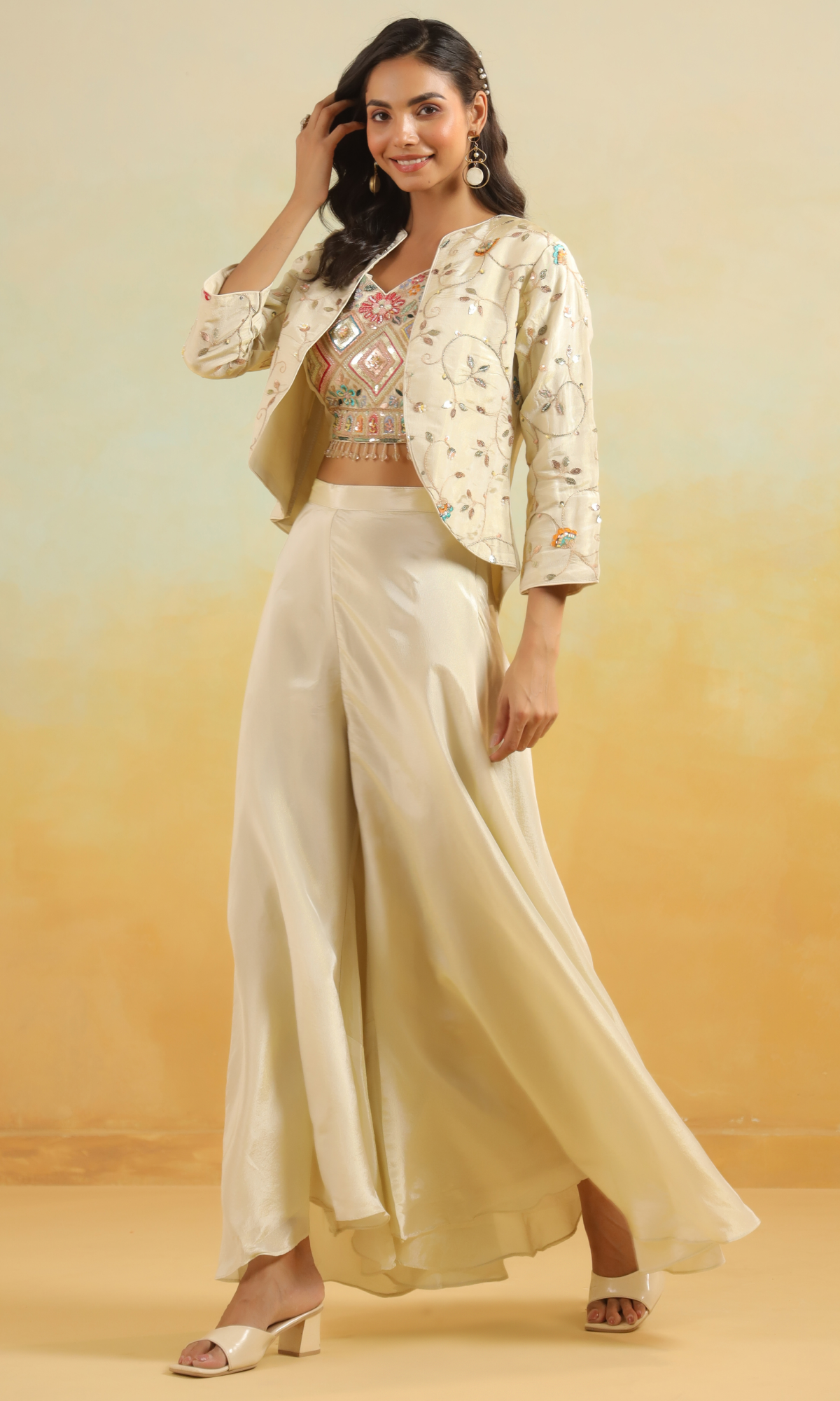 Cream Shimmer Georgette Embroidered Jacket Style Set