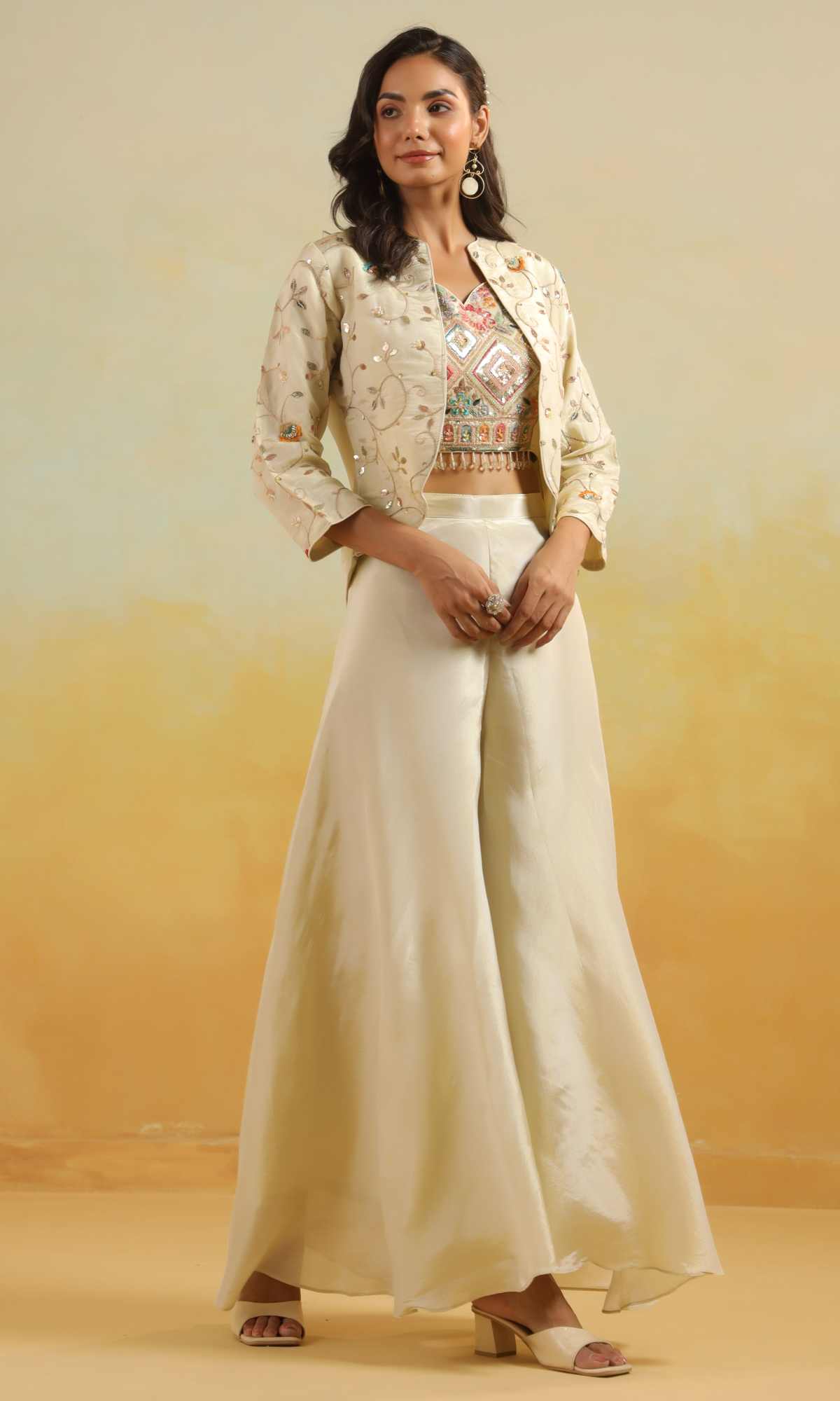 Cream Shimmer Georgette Embroidered Jacket Style Set