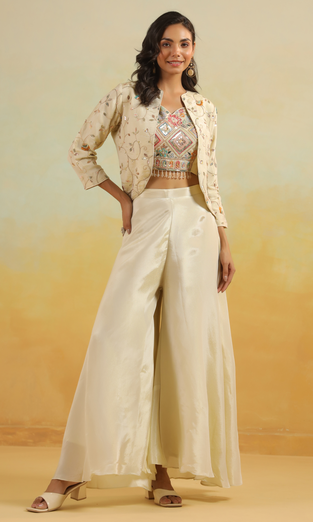 Cream Shimmer Georgette Embroidered Jacket Style Set