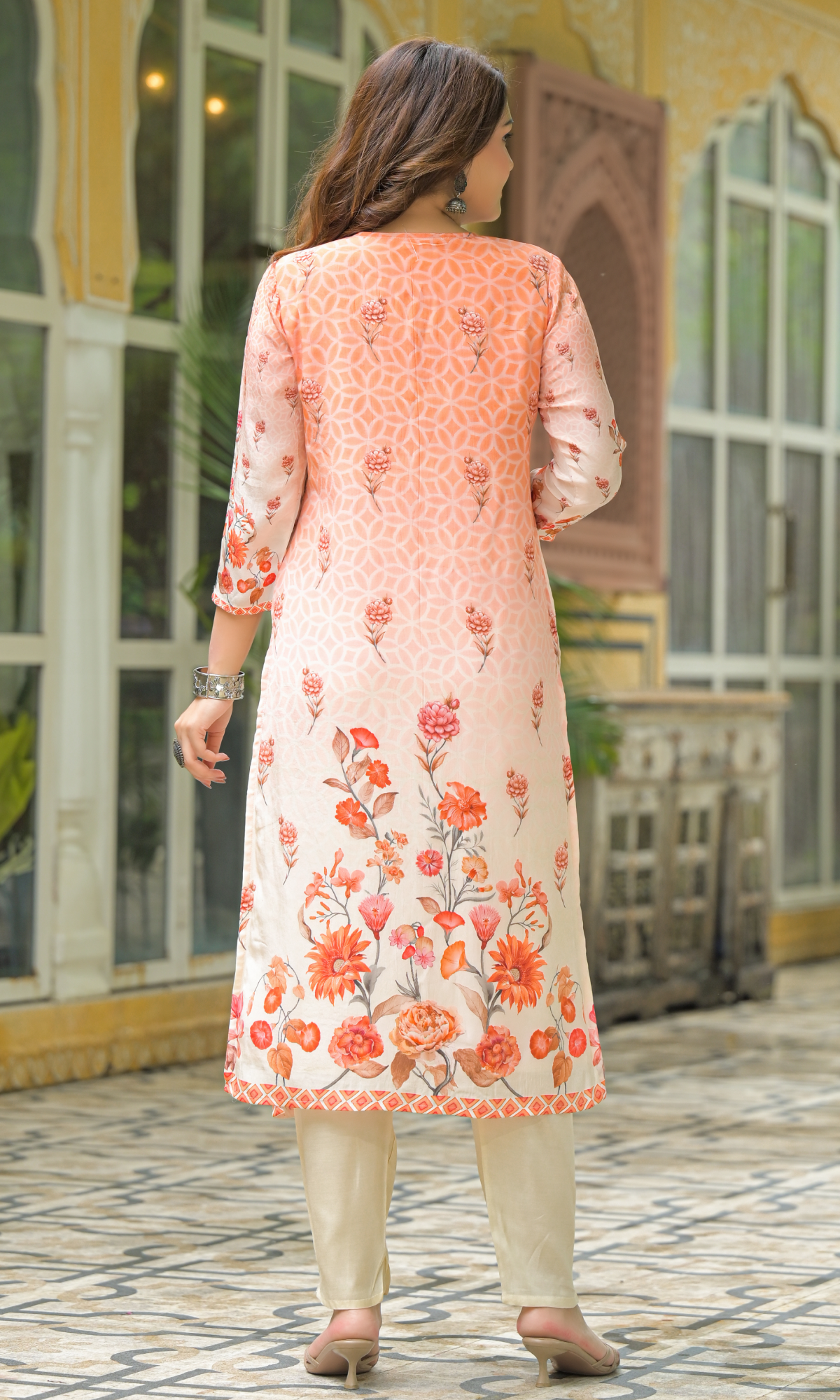 Peach Satin Floral Printed Salwar Suit