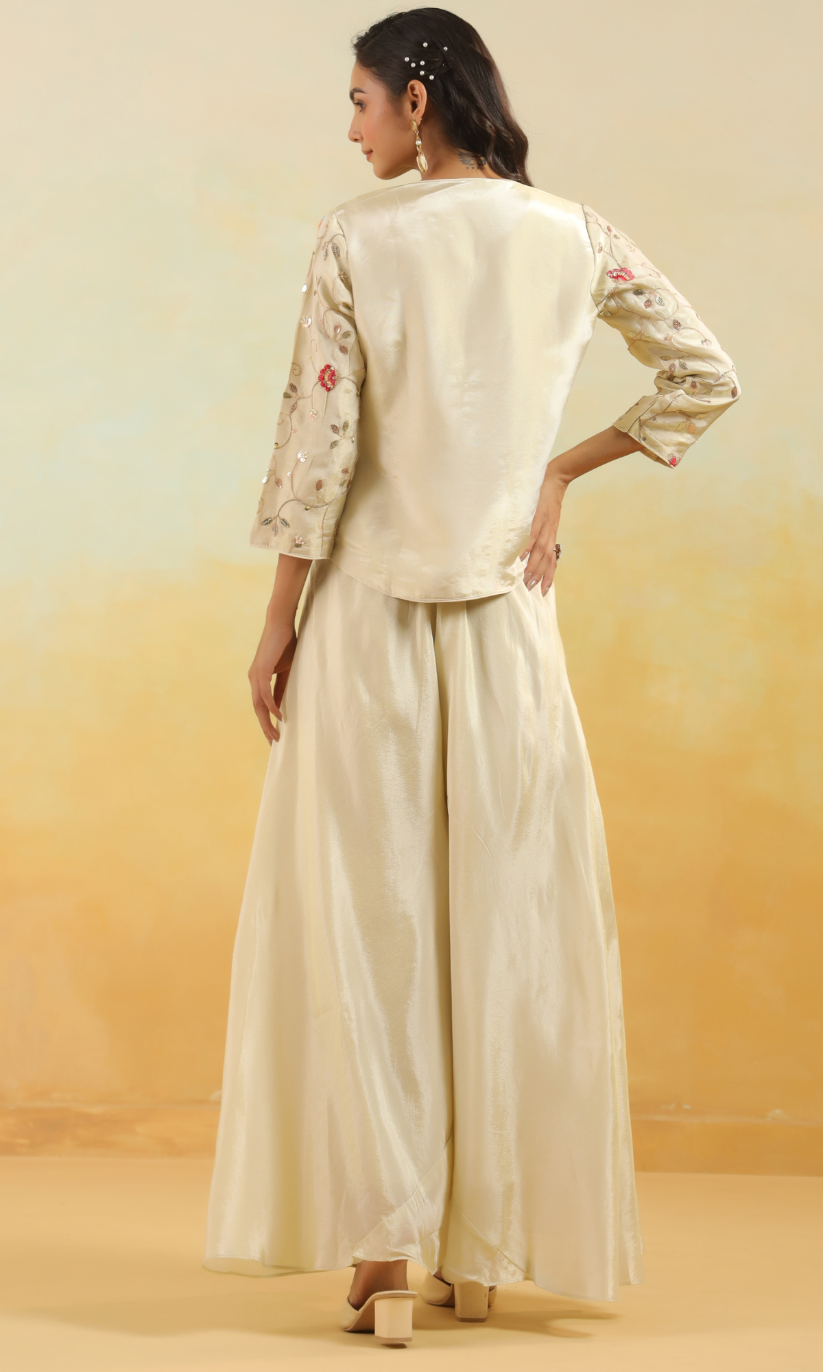 Cream Shimmer Georgette Embroidered Jacket Style Set