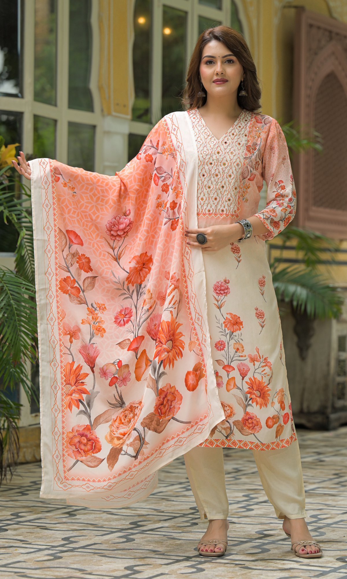 Peach Satin Floral Printed Salwar Suit