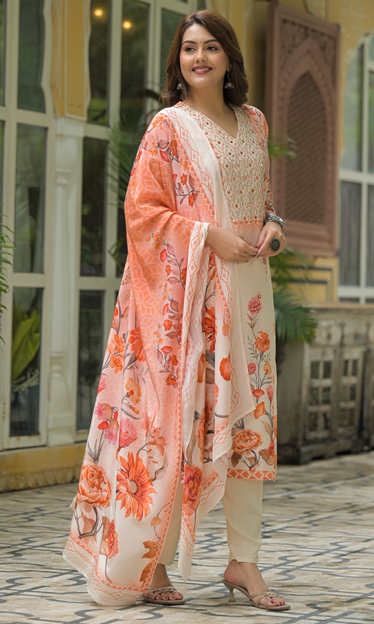 Peach Satin Floral Printed Salwar Suit