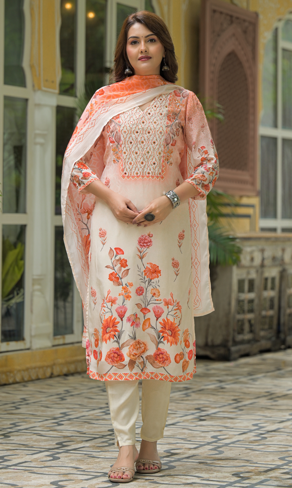 Peach Satin Floral Printed Salwar Suit