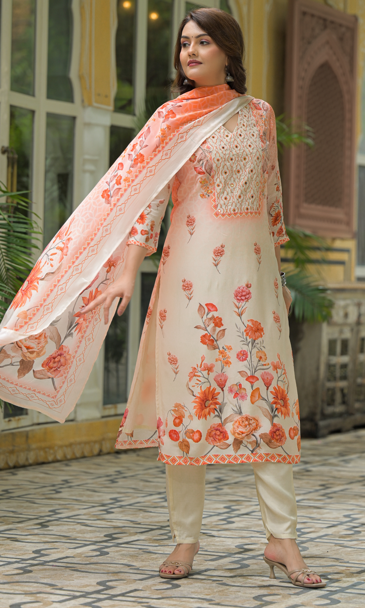 Peach Satin Floral Printed Salwar Suit