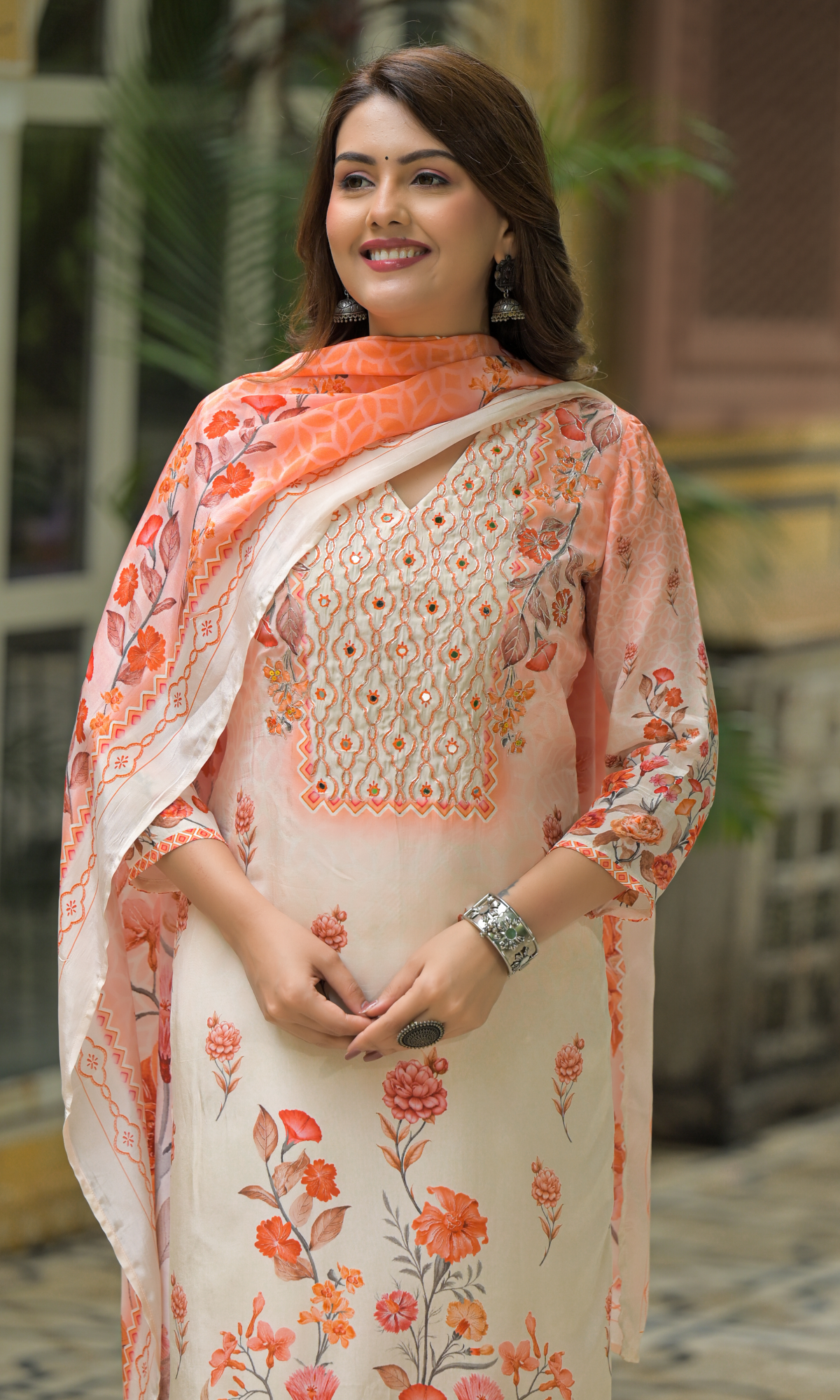 Peach Satin Floral Printed Salwar Suit