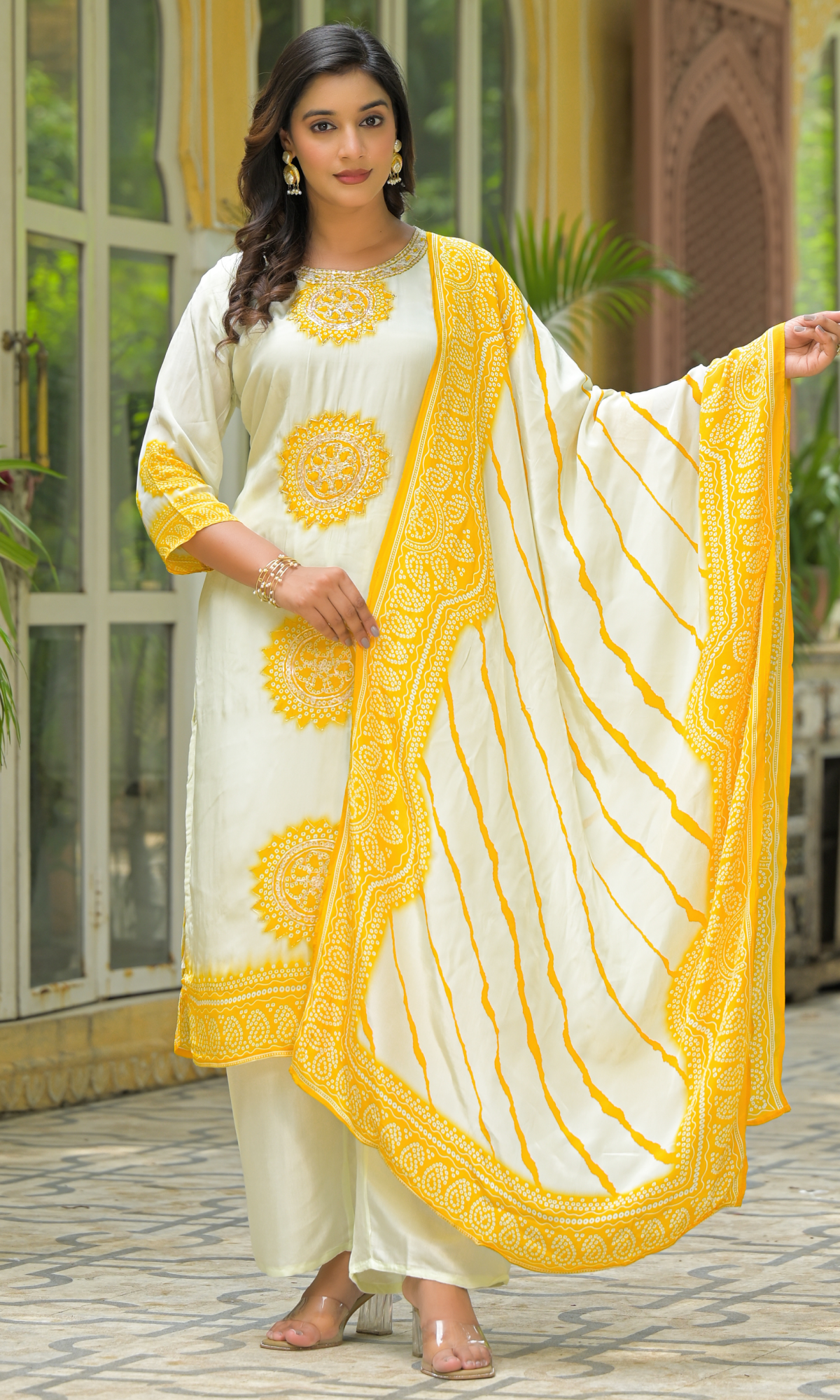 Cream Satin Embroidered Salwar Suit