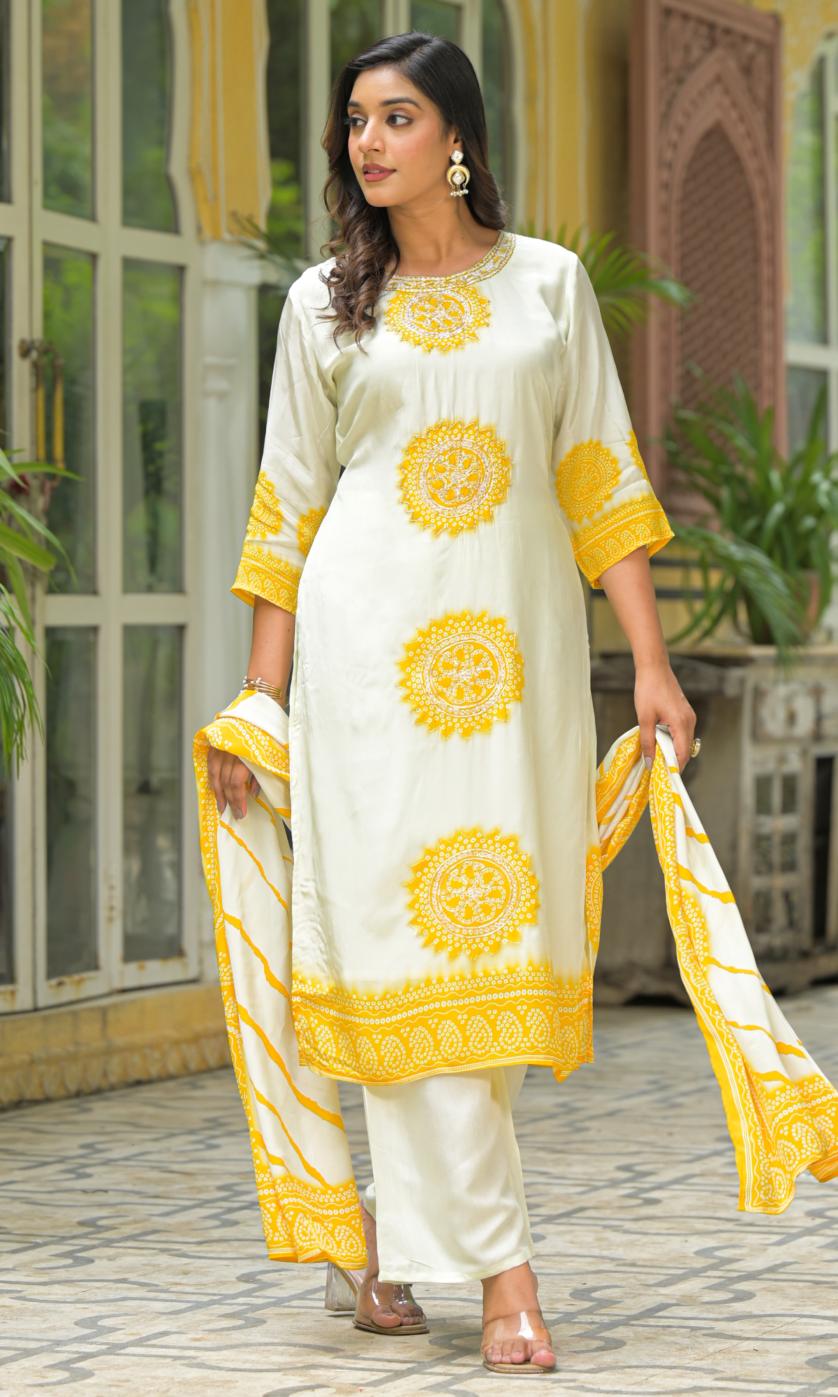 Cream Satin Embroidered Salwar Suit