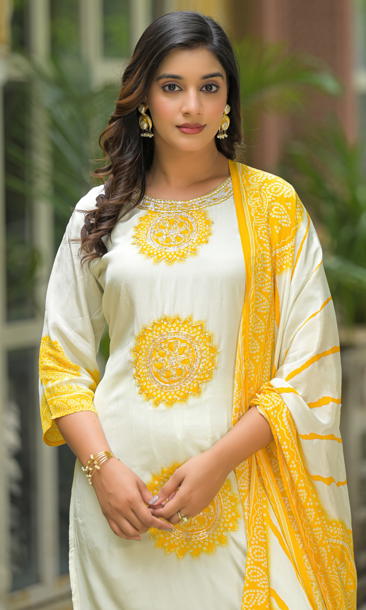 Cream Satin Embroidered Salwar Suit