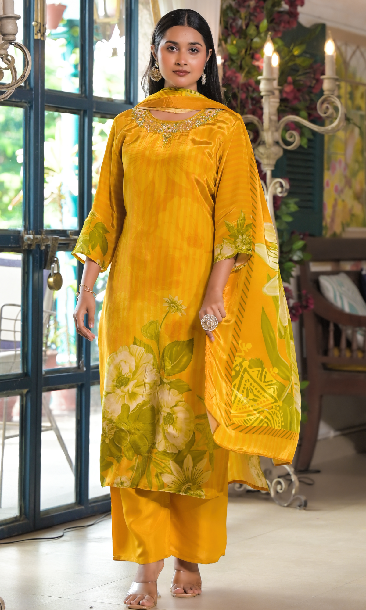 Mustard Floral Embroidered Salwar Suit