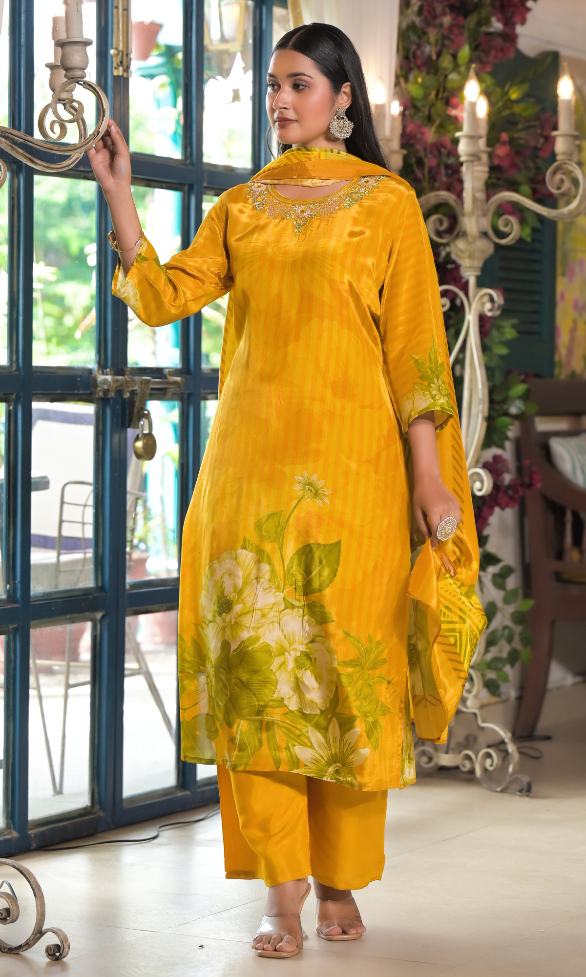 Mustard Floral Embroidered Salwar Suit