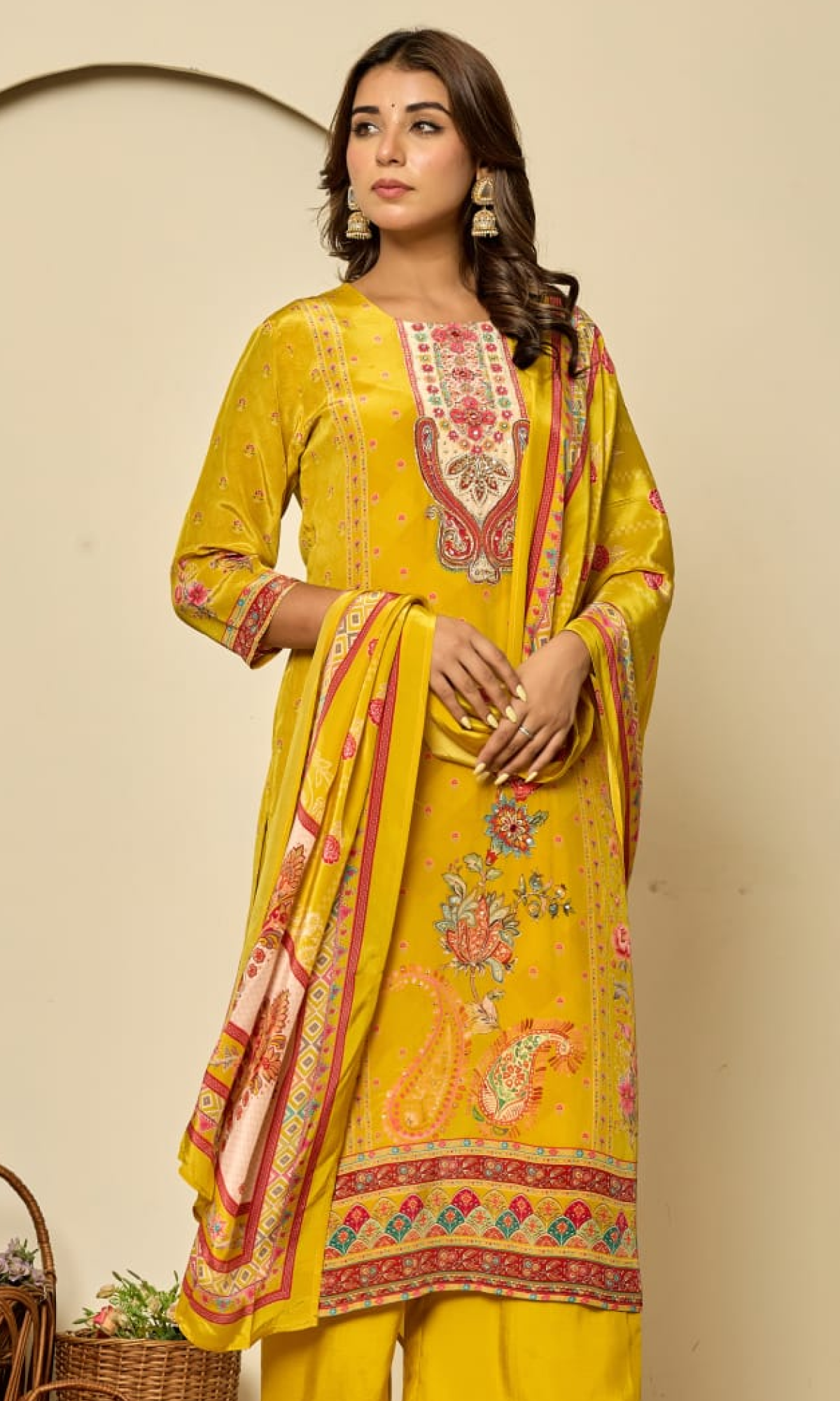 Mustard Floral Embroidered Salwar Suit