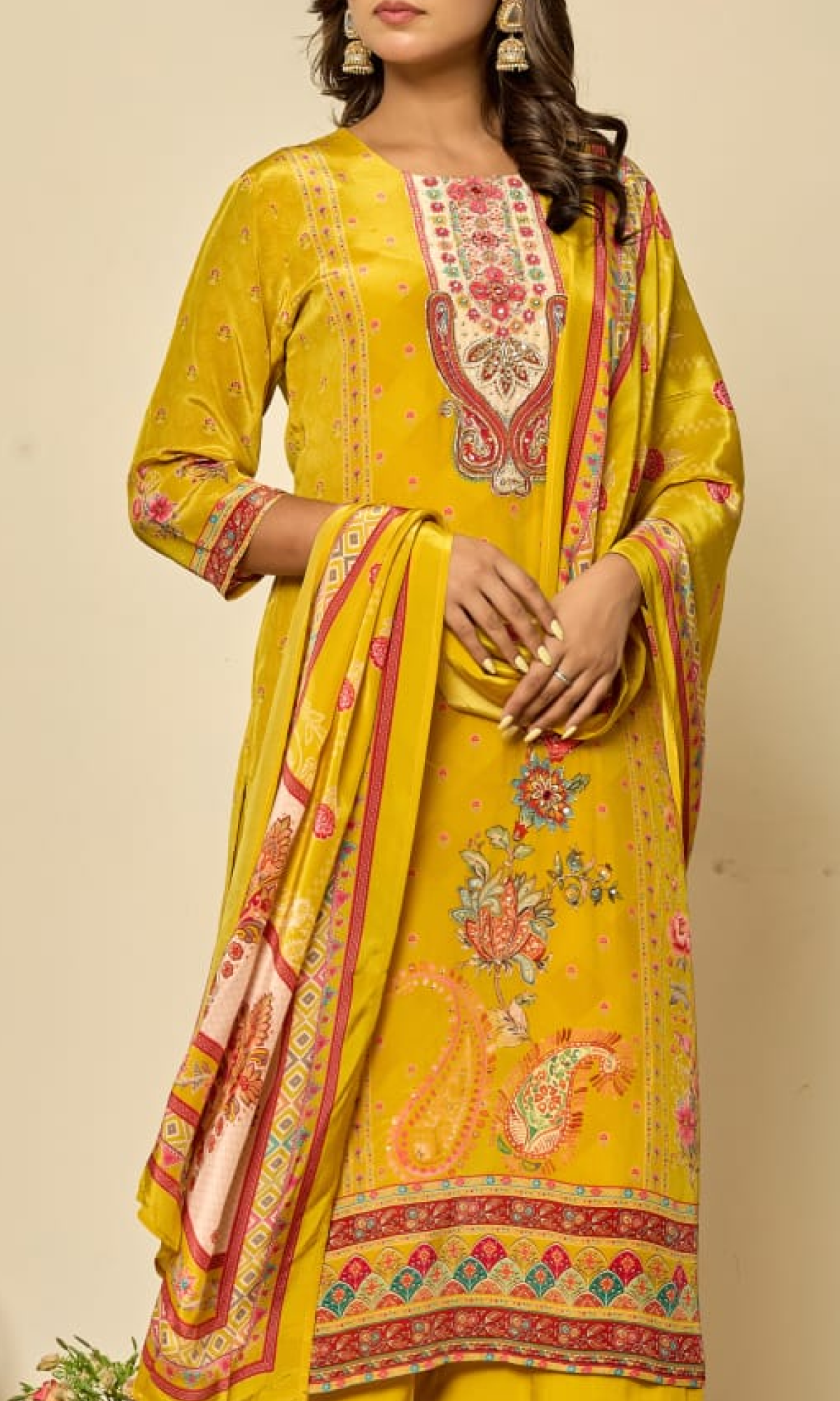 Mustard Floral Embroidered Salwar Suit