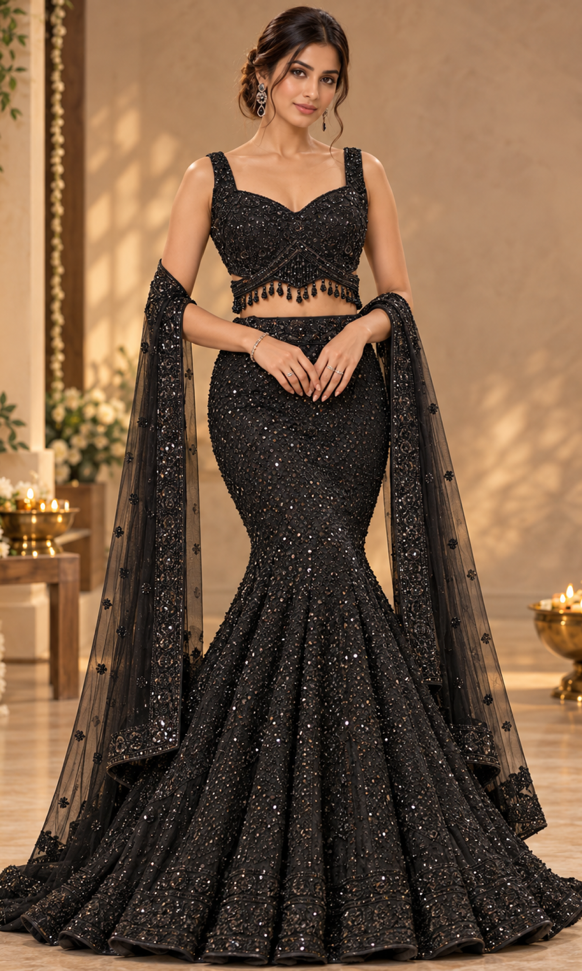 Black Sequence Embellished Fish Cut Lehenga