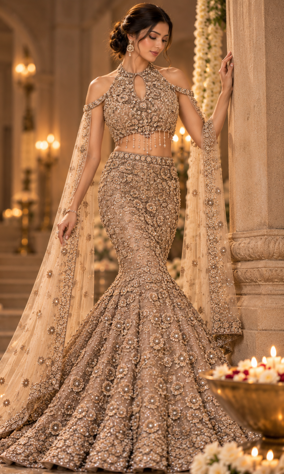 Brown Floral Embellished Fish Cut Lehenga