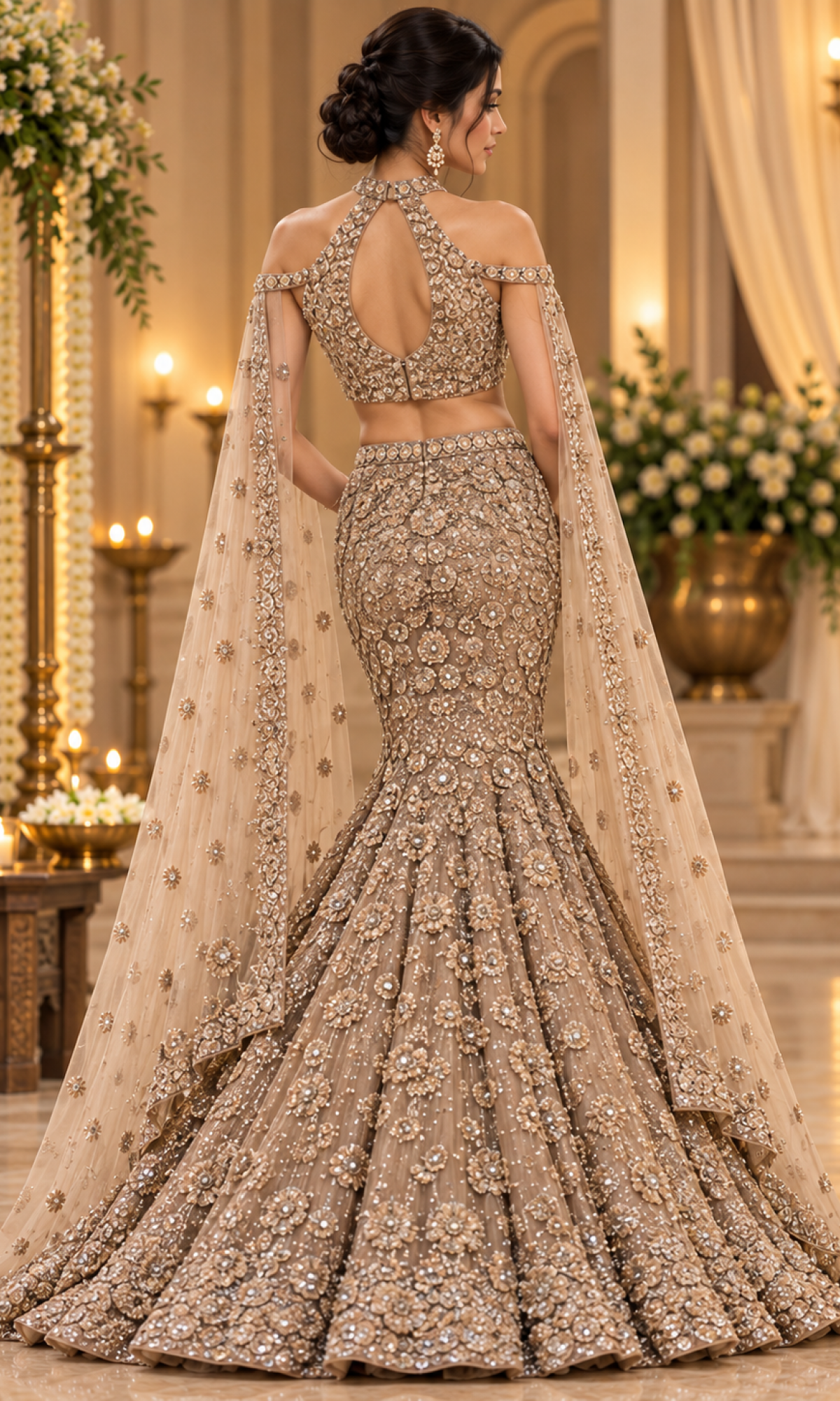 Brown Floral Embellished Fish Cut Lehenga