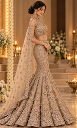 Brown Floral Embellished Fish Cut Lehenga