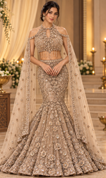 Brown Floral Embellished Fish Cut Lehenga