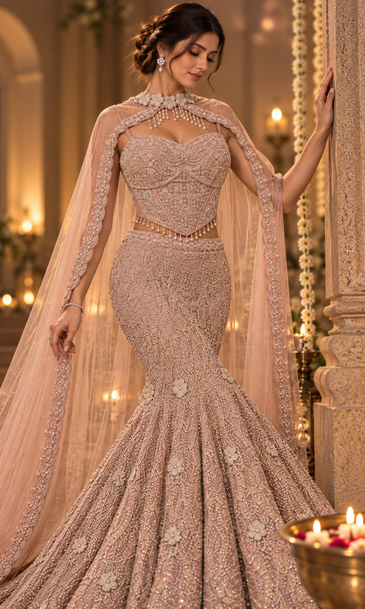 Pink Sequence Corset Blouse with Fish Cut Lehenga