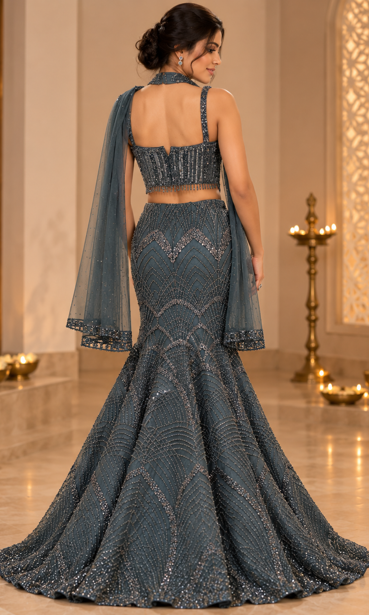 Teal Sequence Corset Blouse With Fish Cut Lehenga
