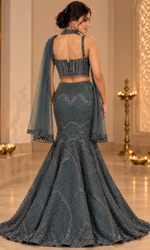 Teal Sequence Corset Blouse With Fish Cut Lehenga
