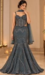 Teal Sequence Corset Blouse With Fish Cut Lehenga