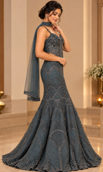 Teal Sequence Corset Blouse With Fish Cut Lehenga