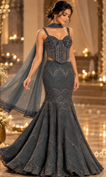 Teal Sequence Corset Blouse With Fish Cut Lehenga