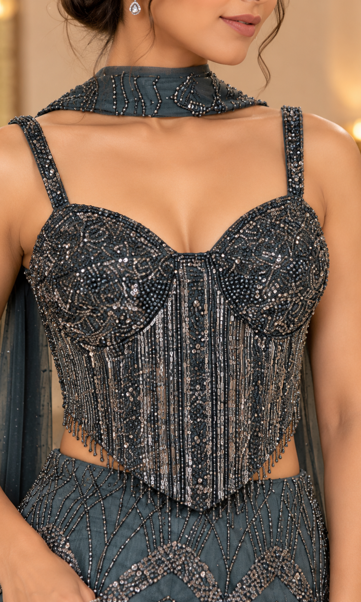Teal Sequence Corset Blouse With Fish Cut Lehenga