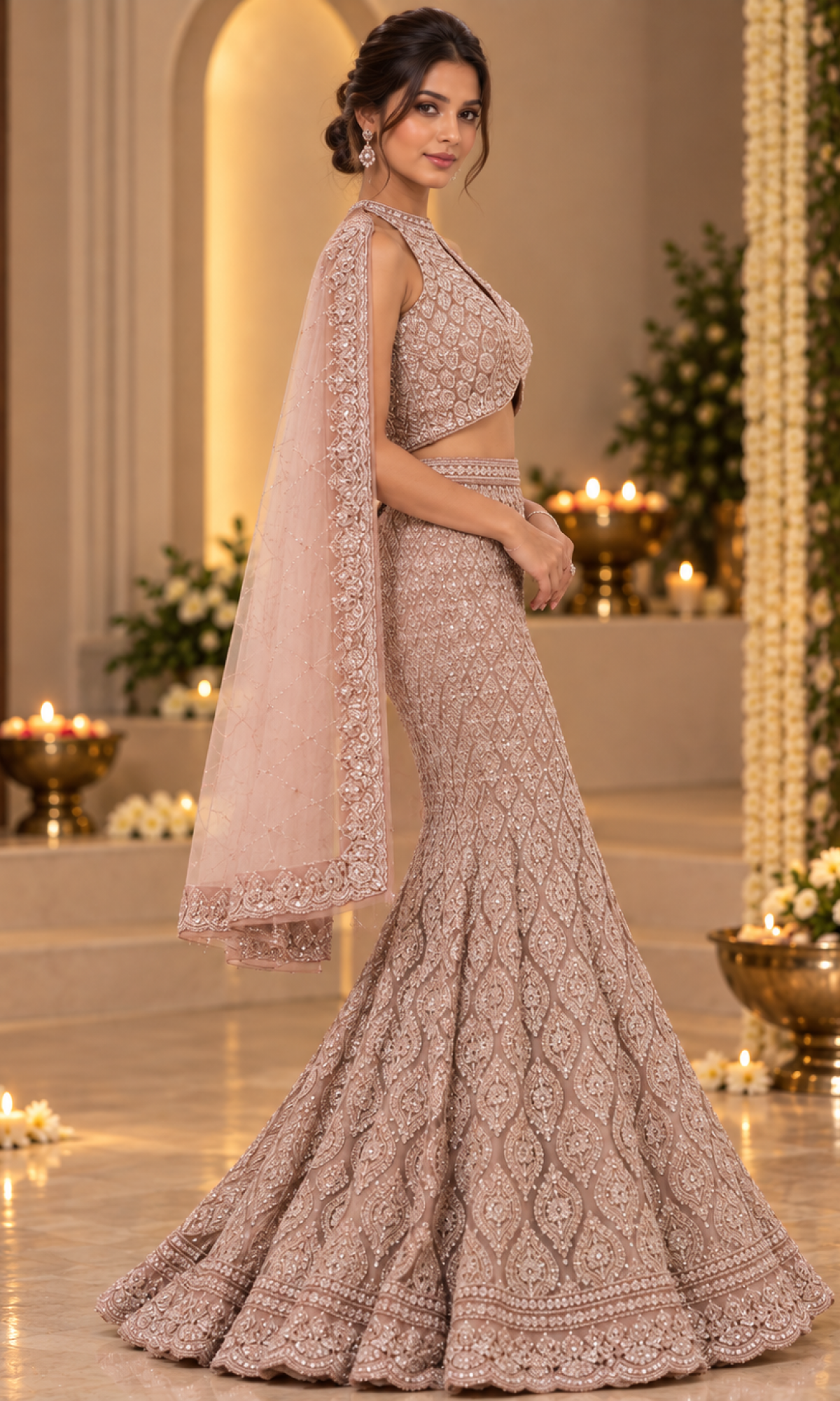 Pink Sequence Embellished Fish Cut Lehenga
