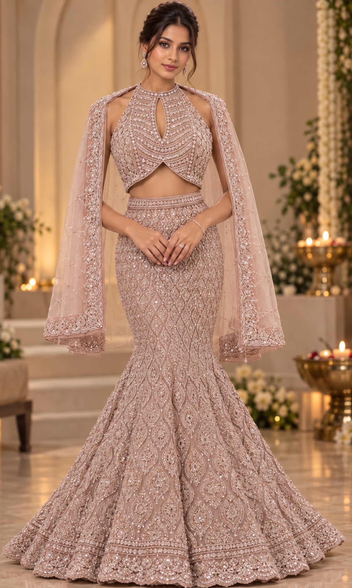 Pink Sequence Embellished Fish Cut Lehenga