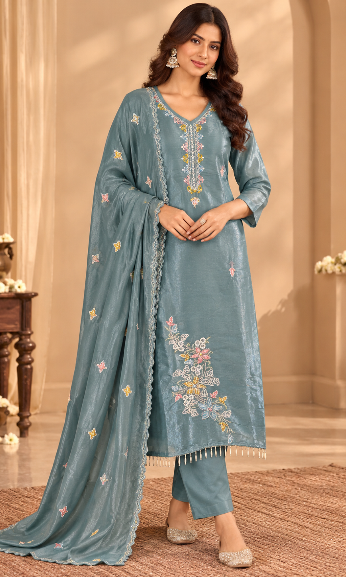Blue Floral Embroidered Kurta Set