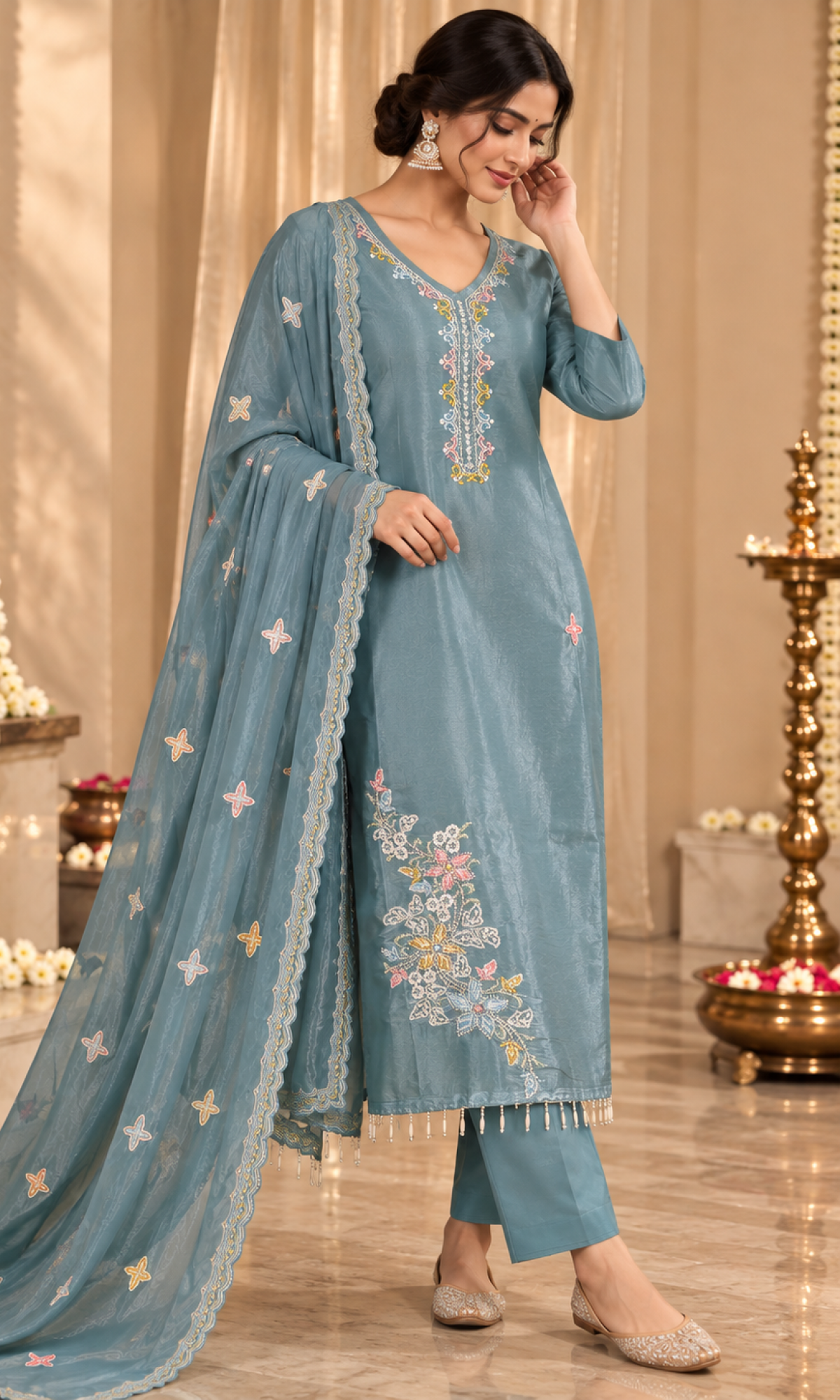Blue Floral Embroidered Kurta Set
