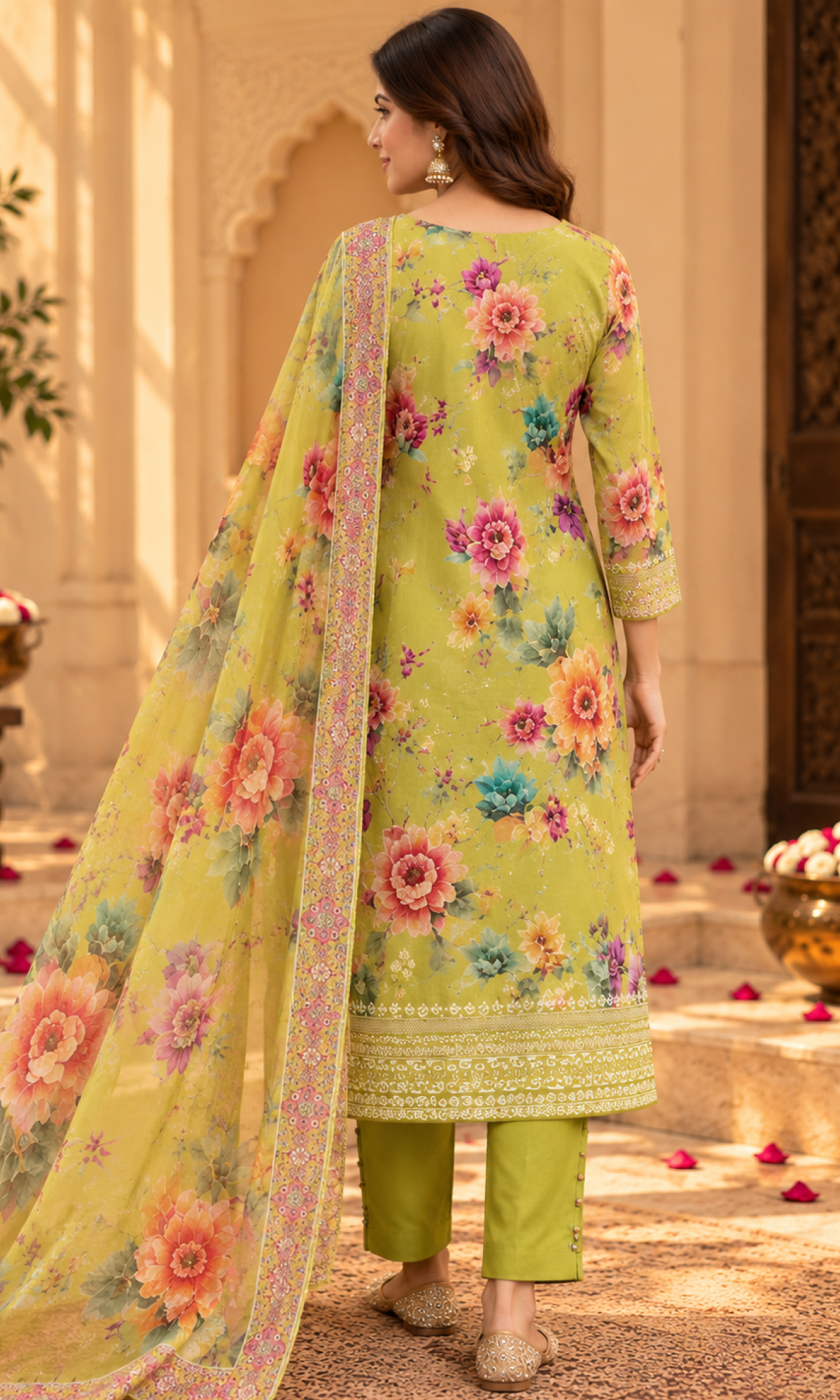 Green Floral Embroidered Kurta Set