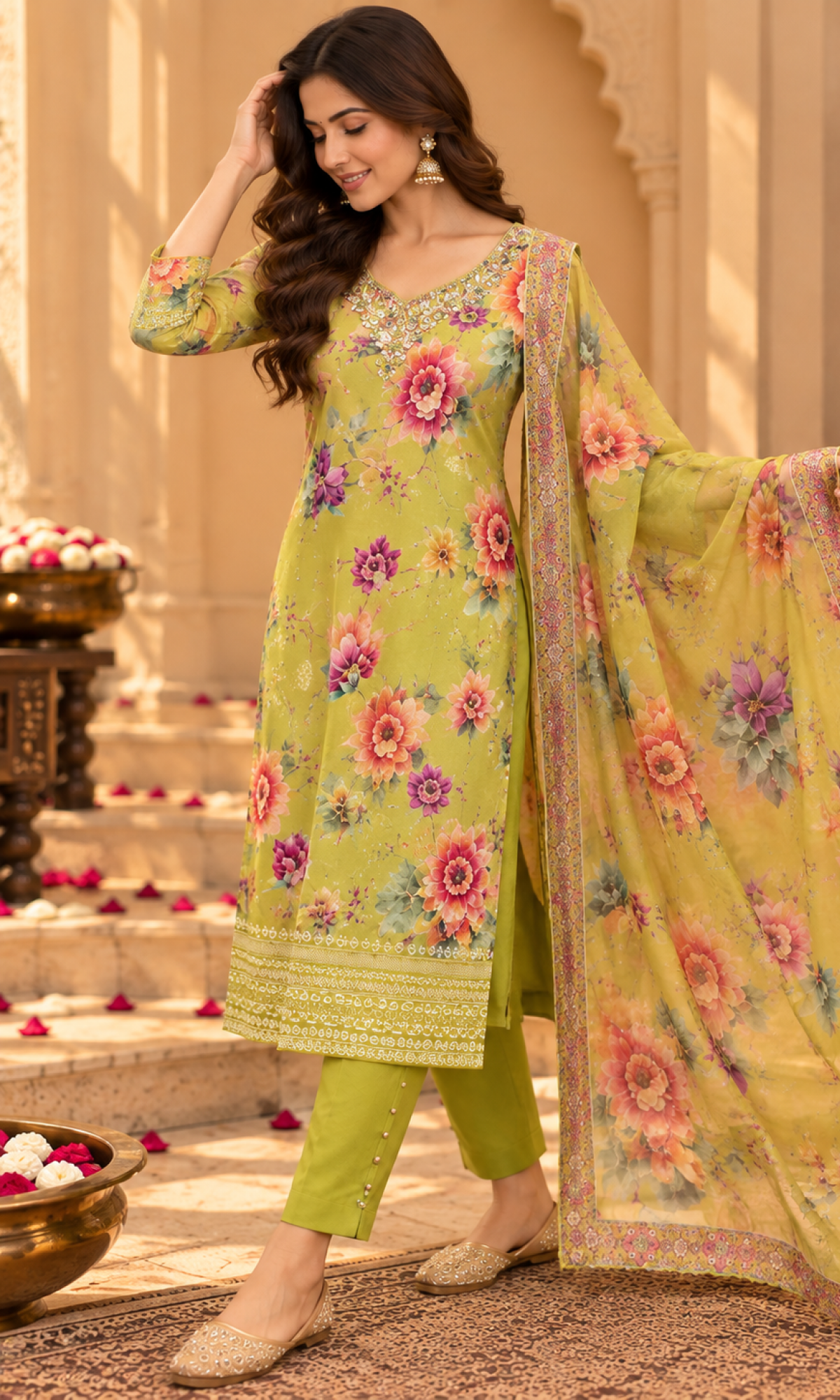 Green Floral Embroidered Kurta Set