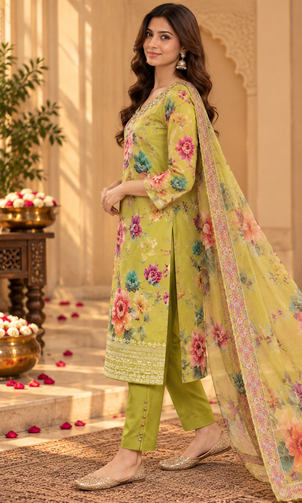 Green Floral Embroidered Kurta Set