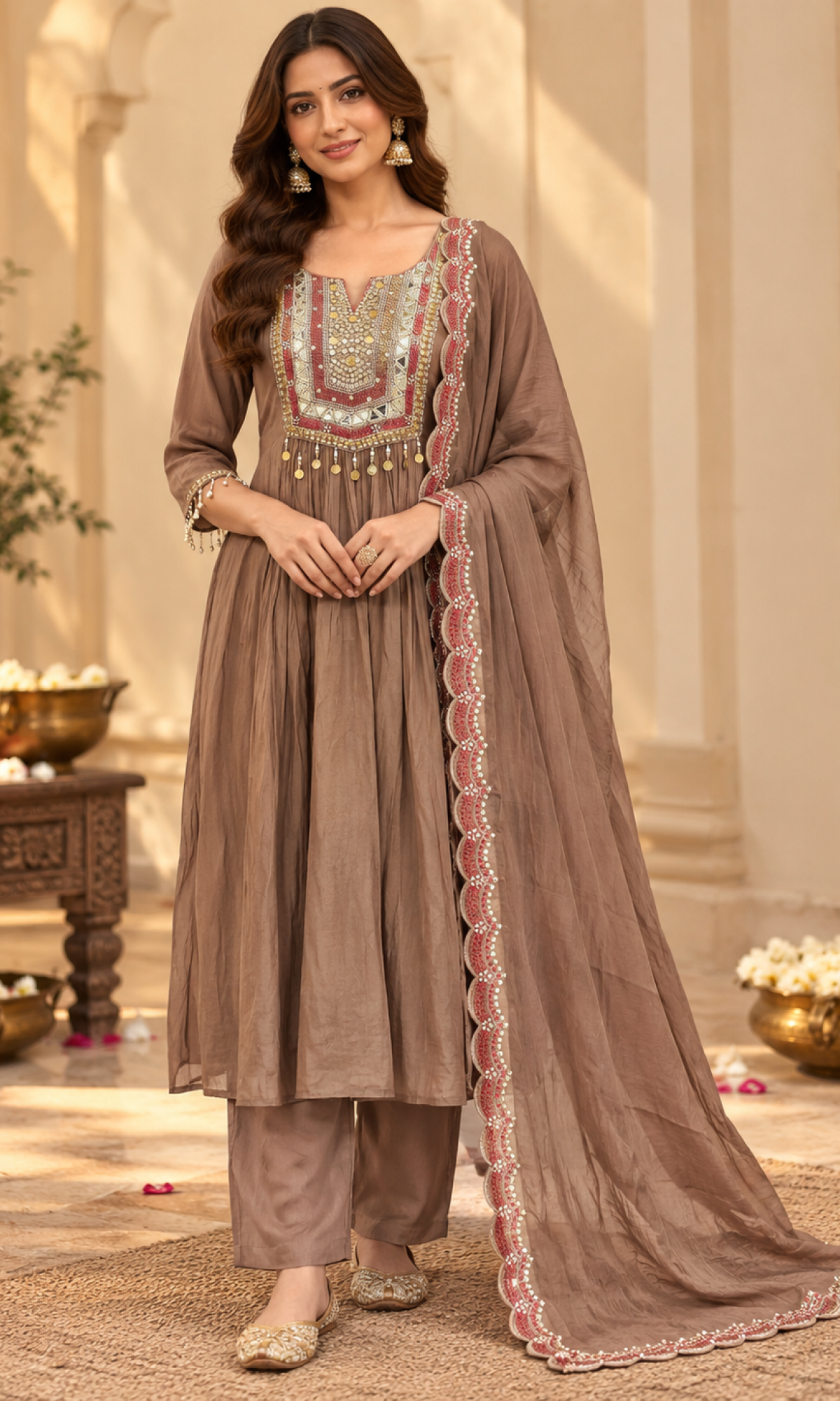 Brown Embroidered Kurta Set