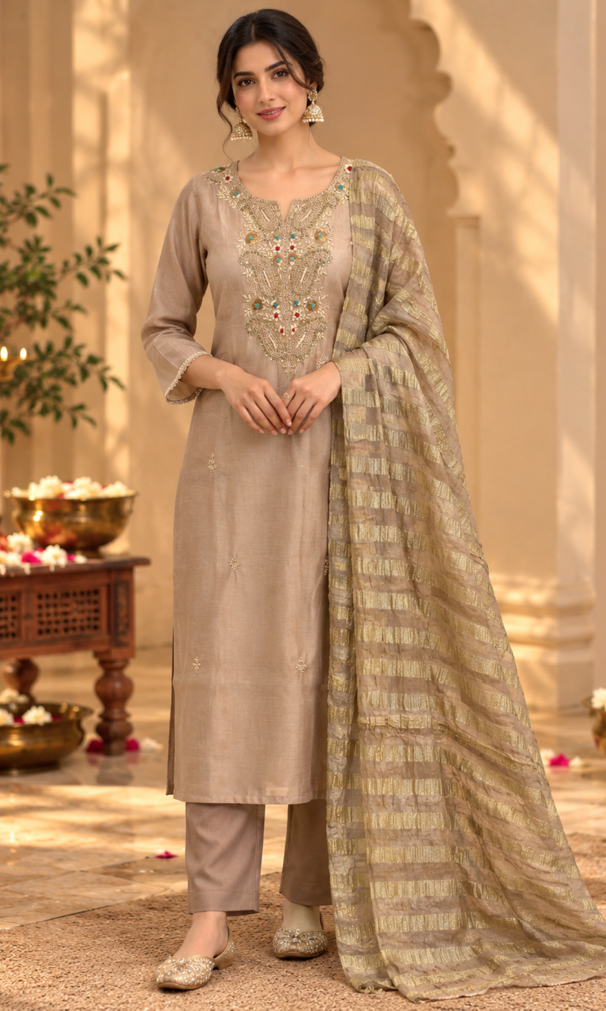 Brown Gold Embroidered Kurta Set