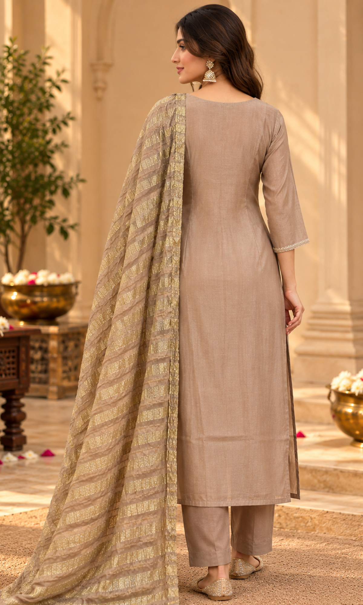 Brown Gold Embroidered Kurta Set