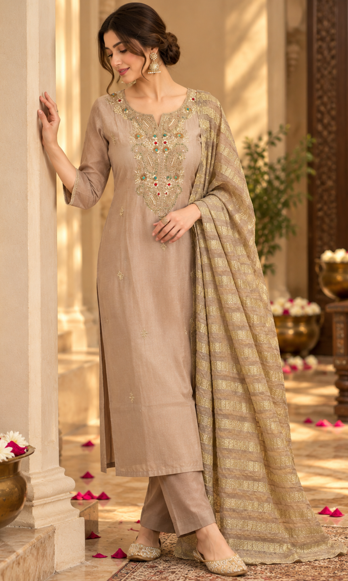 Brown Gold Embroidered Kurta Set