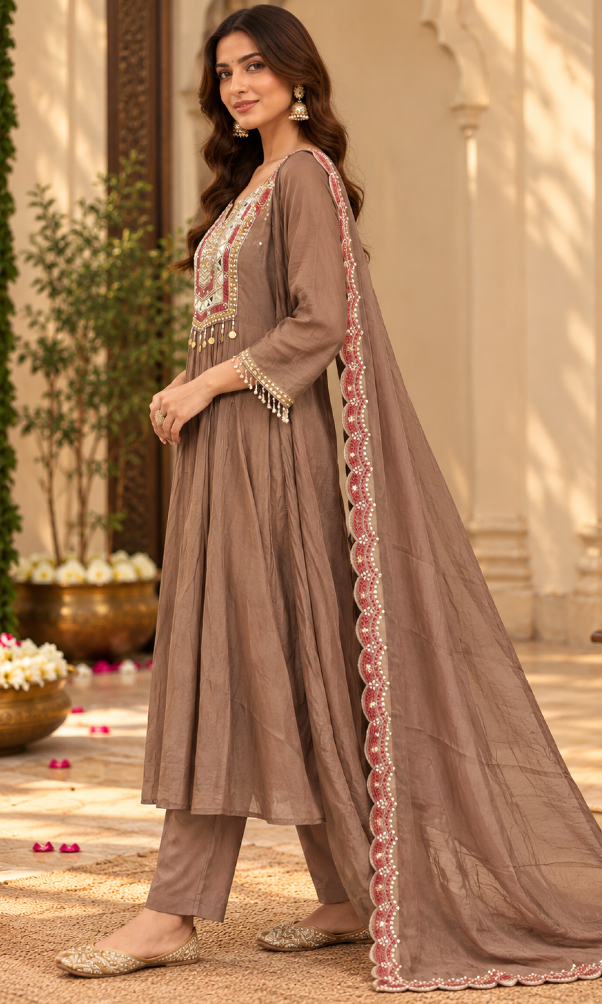 Brown Embroidered Kurta Set