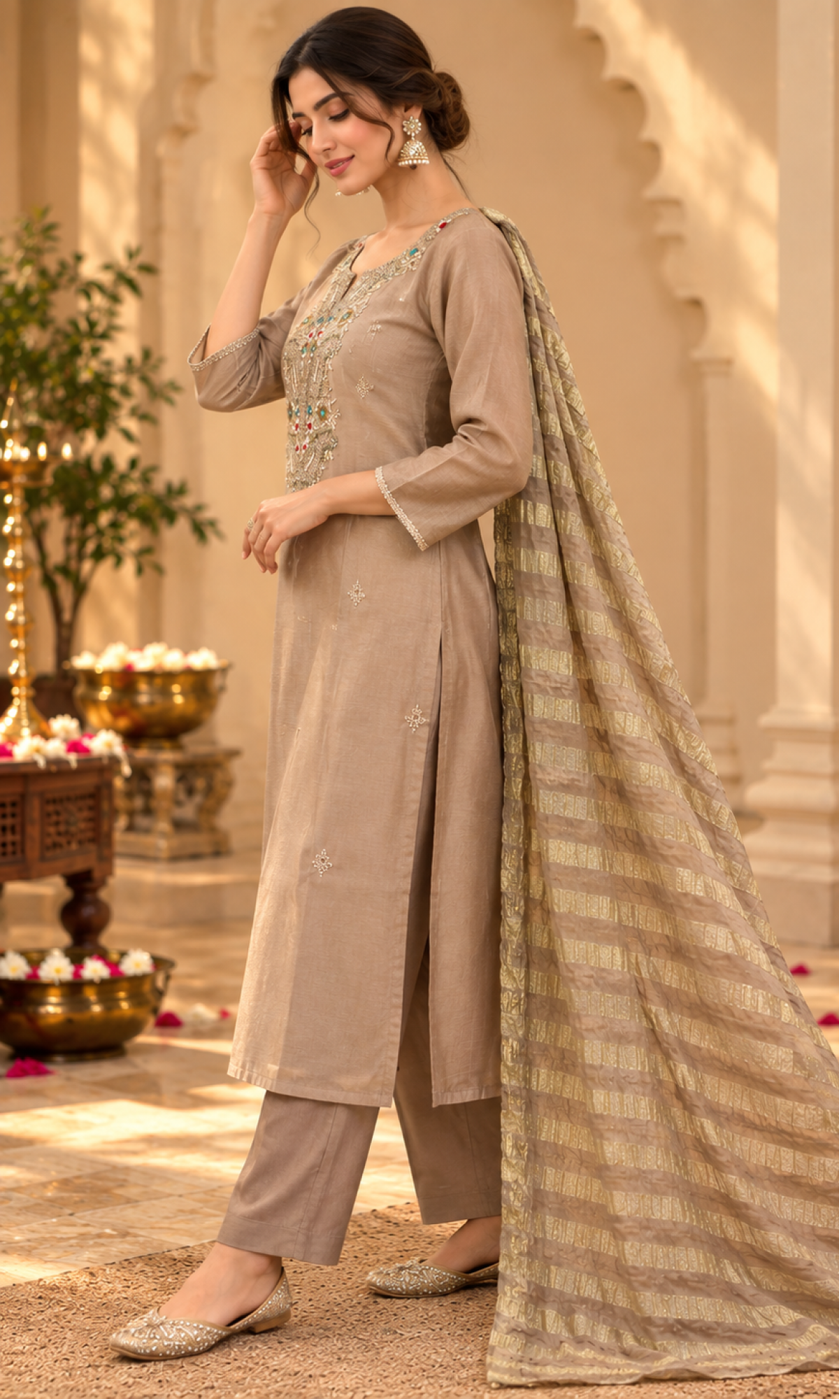 Brown Gold Embroidered Kurta Set