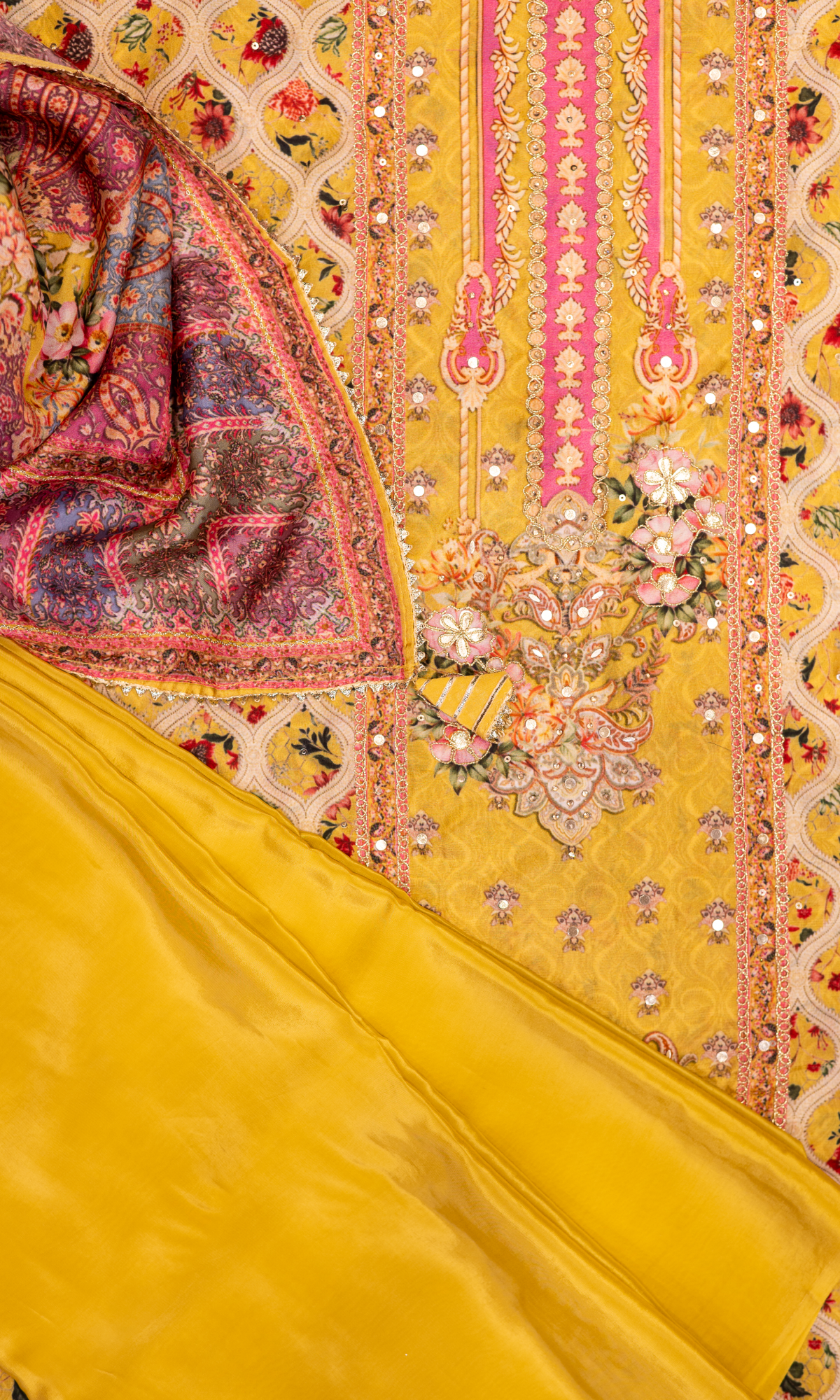 Yellow Semi Crepe Embroidered Unstitched Salwar Suit
