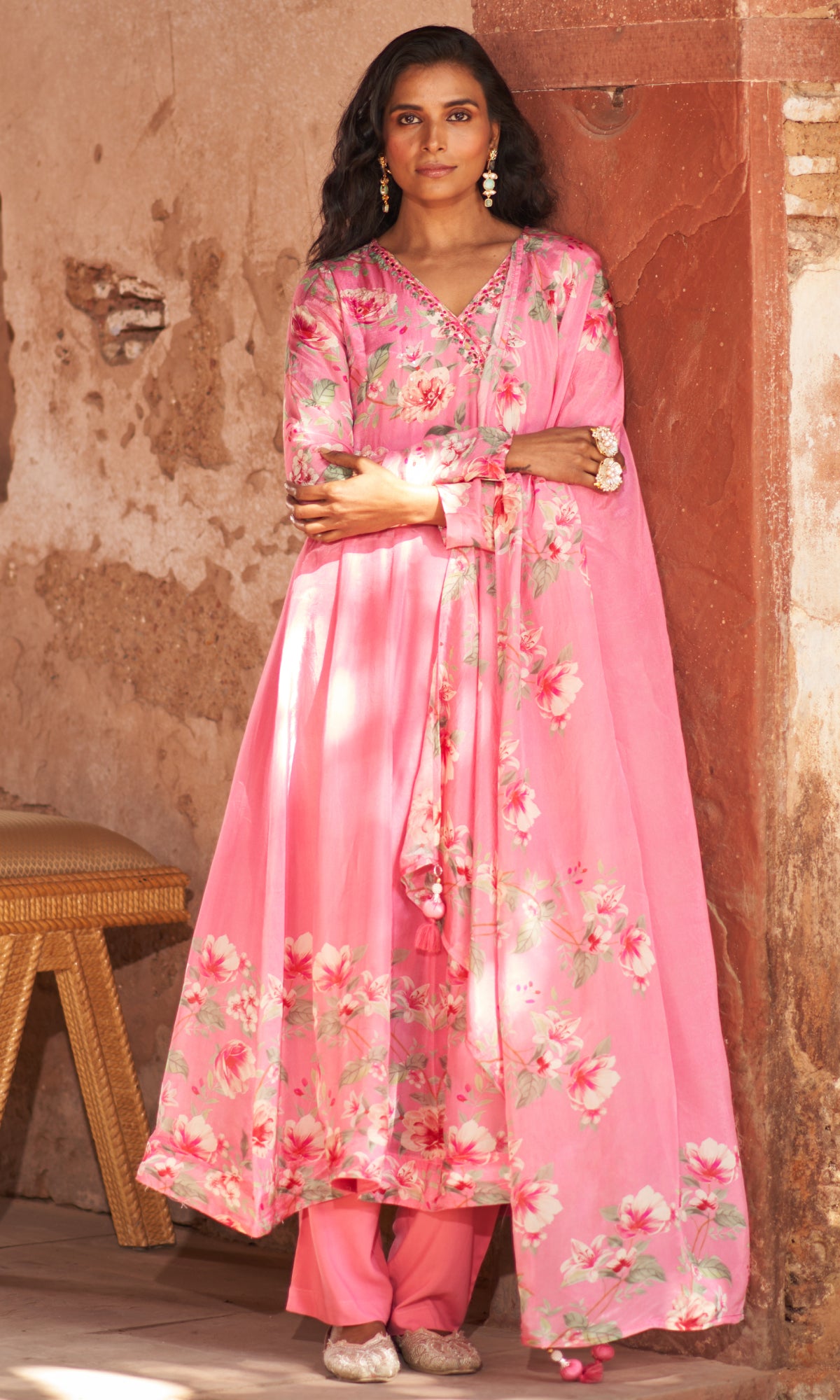 Pink Semi Georgette Mirror work Anarkali Suit