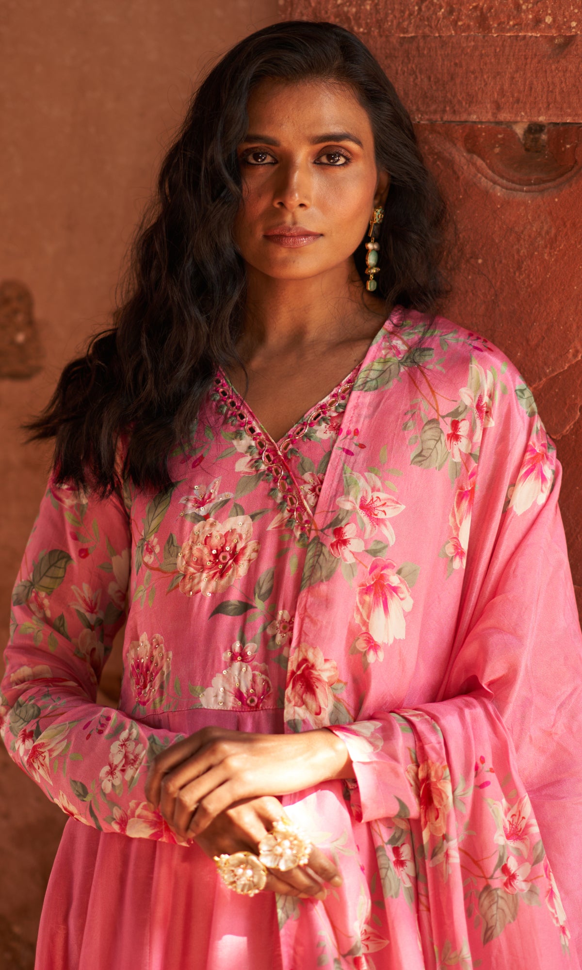 Pink Semi Georgette Mirror work Anarkali Suit