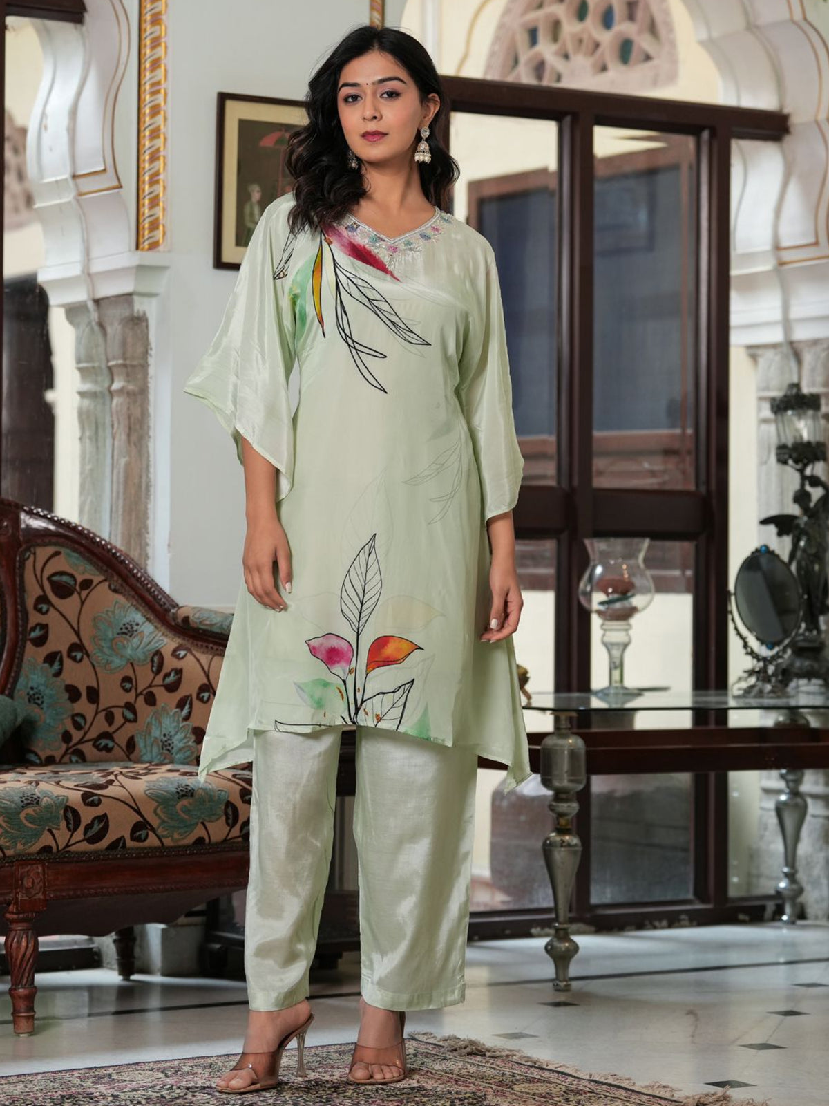 Green Semi Crepe Embroidered Co-ord Set