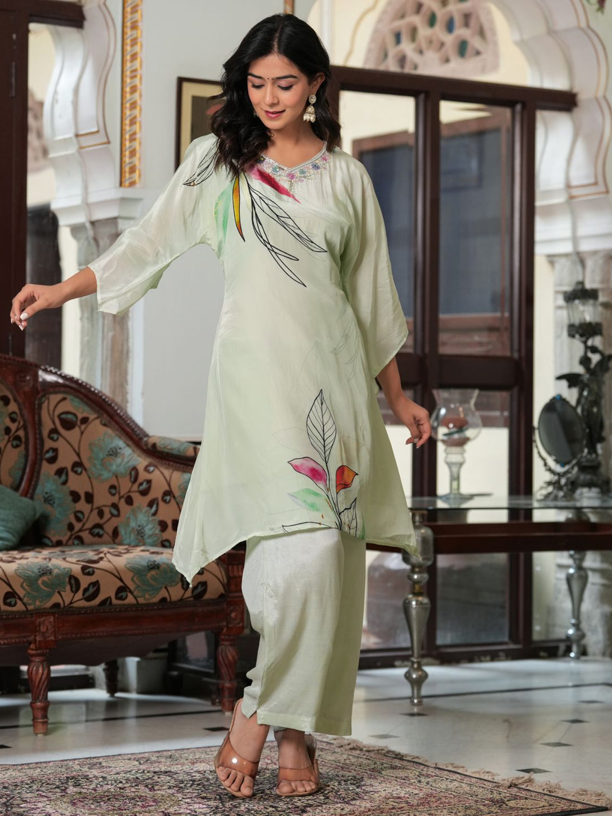 Green Semi Crepe Embroidered Co-ord Set