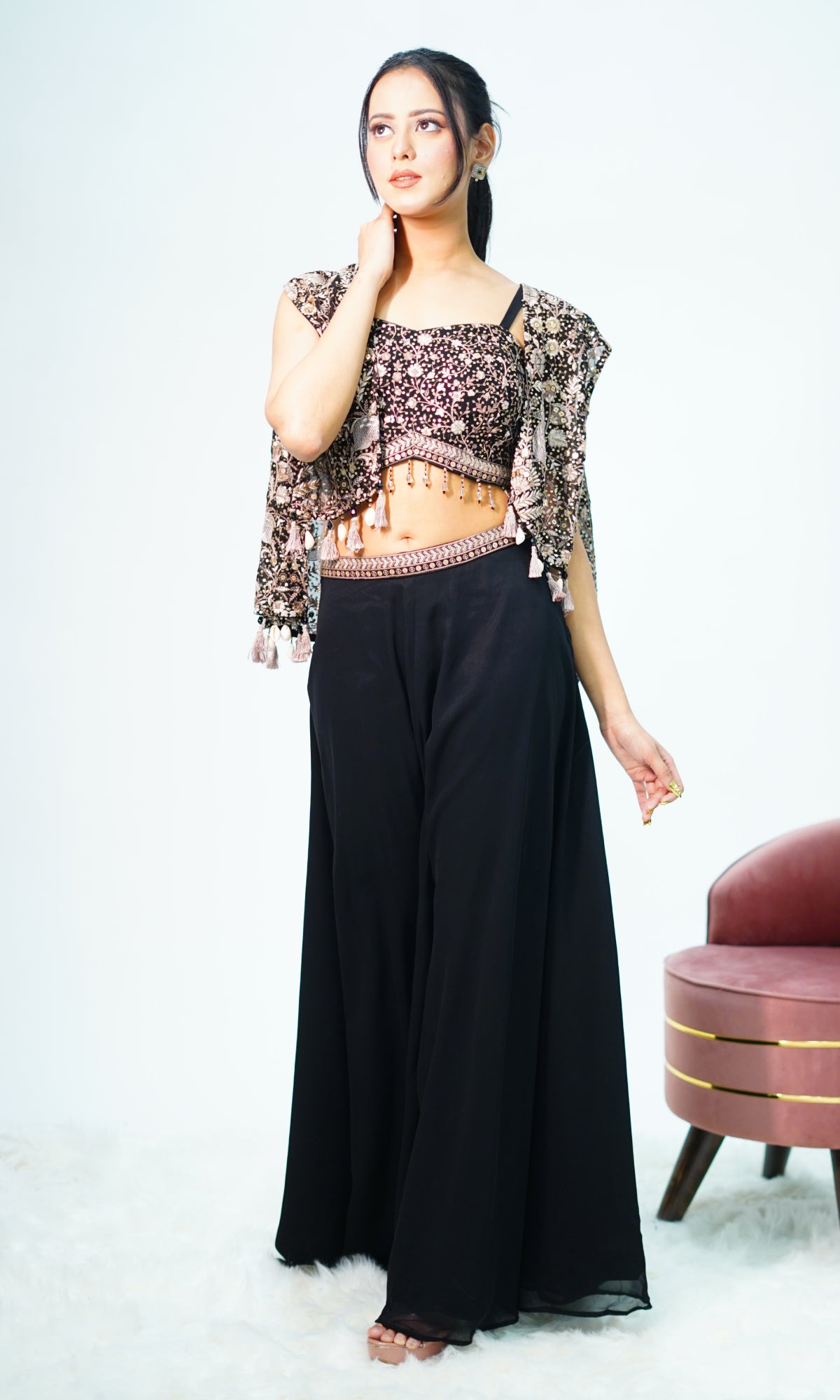 Black Semi Georgette Resham Work Jacket Style Set
