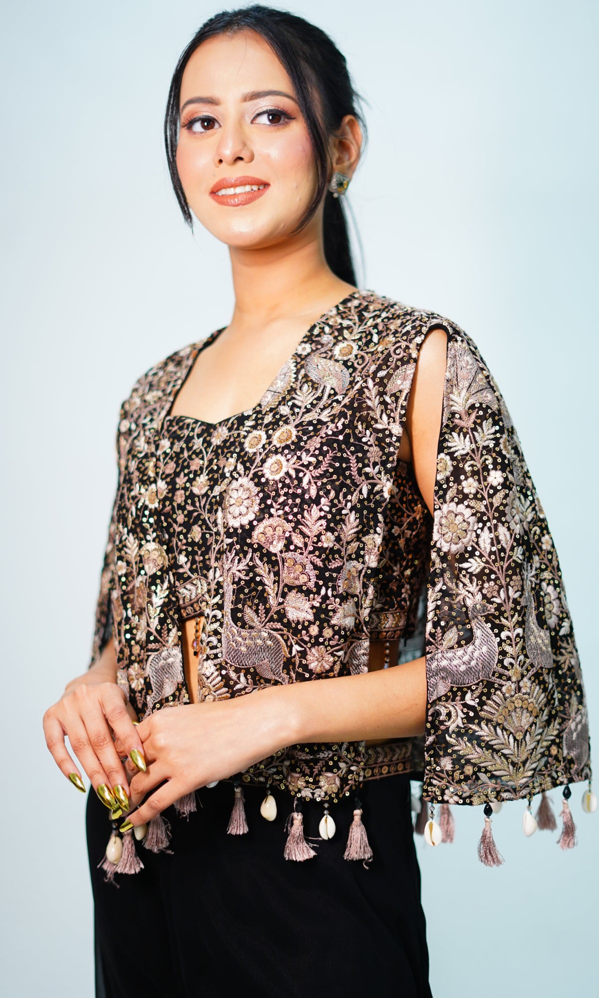 Black Semi Georgette Resham Work Jacket Style Set