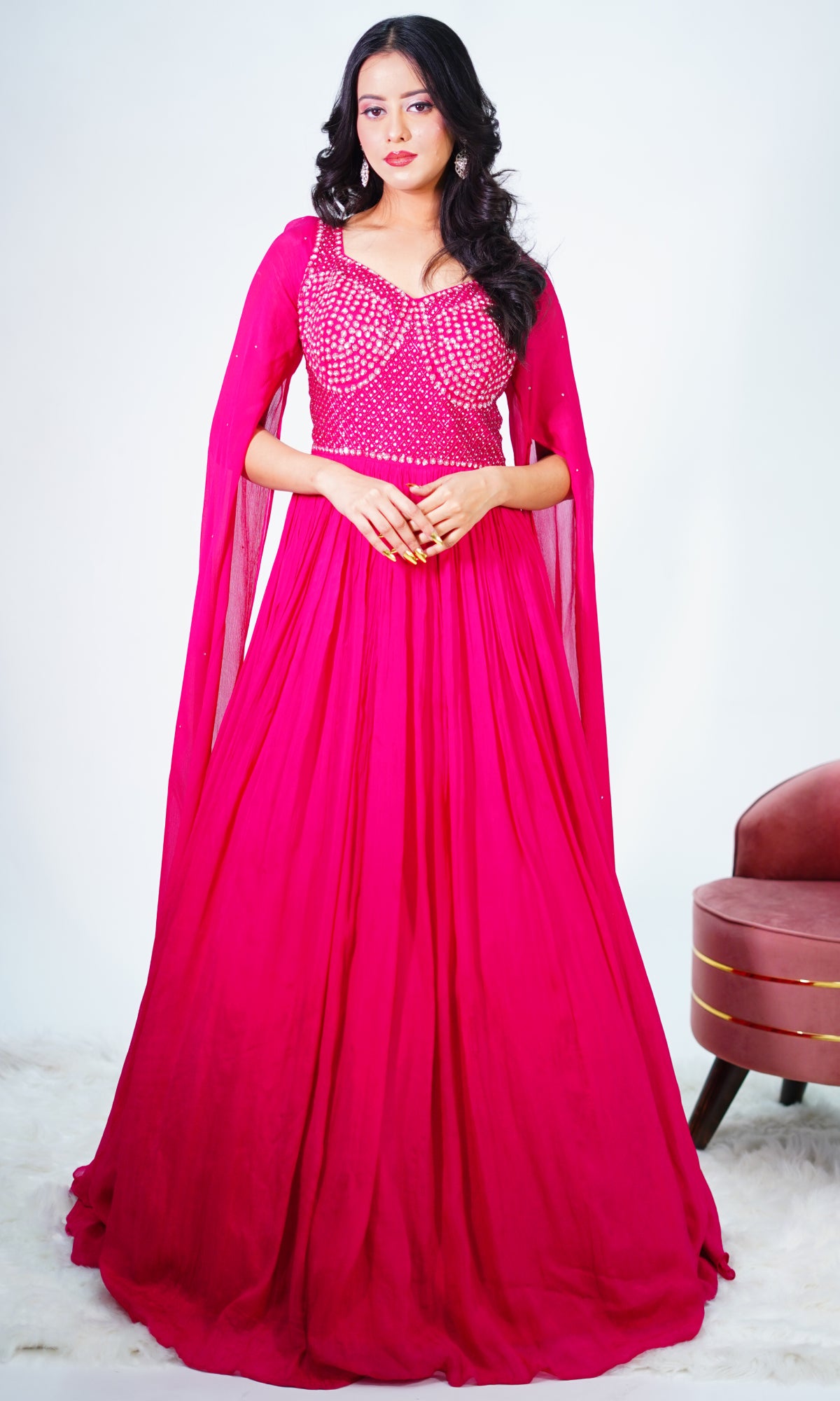 Pink Semi Georgette Stone Work Gown